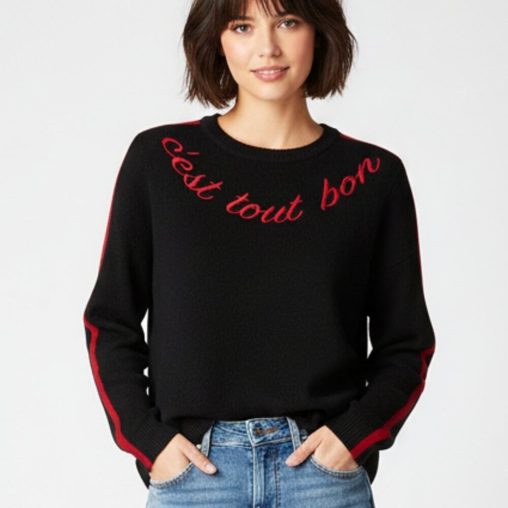 cinq a sept Black Sweater with Red Script